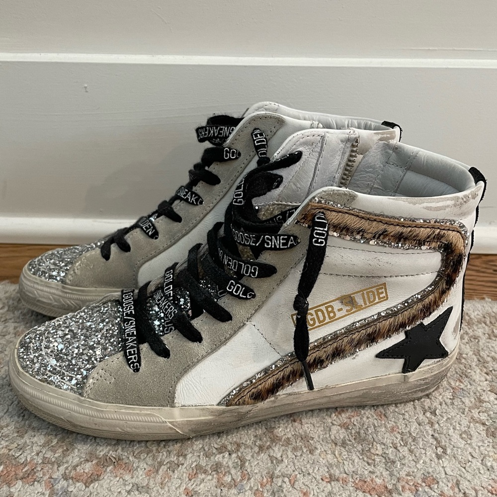 Golden goose slide classic-silver glitter & leopard 
size 35 (fits like size 6)